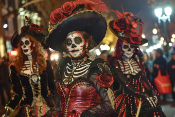 Catherine Parade. Catherine's festive procession parades through the streets in elegant dresses and ornate hats, celebrating the beauty of life and death during Dia de los Muertos