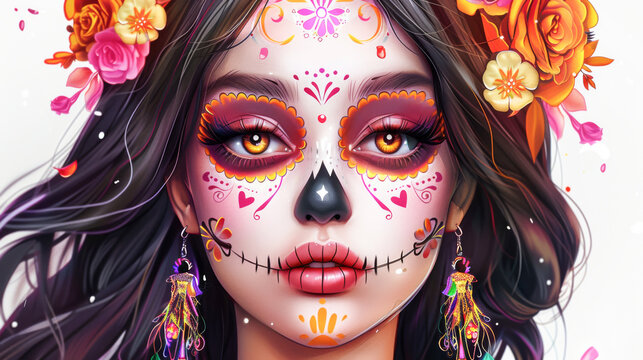 illustration beautiful Mexican girl with traditional clavera makeup. dia de los muertos. White background