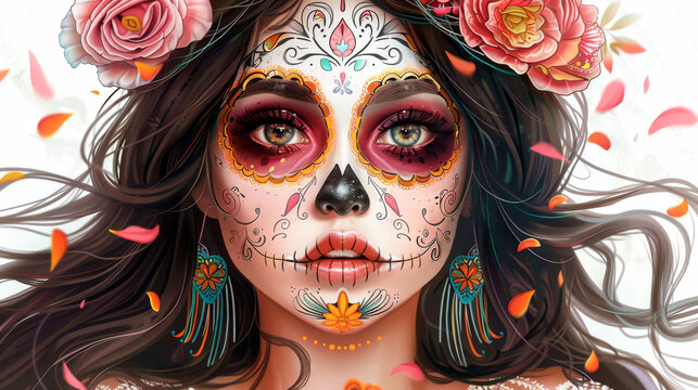 illustration beautiful Mexican girl with traditional clavera makeup. dia de los muertos. White background