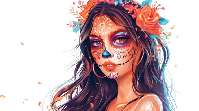 illustration beautiful Mexican girl with traditional clavera makeup. dia de los muertos. White background