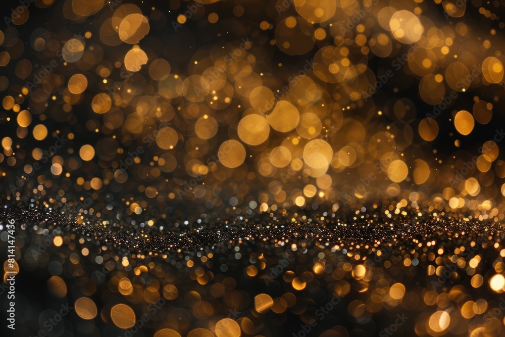 Aufkleber close-up view of a dark abstract background filled with shimmering golden bokeh lights, creating a m