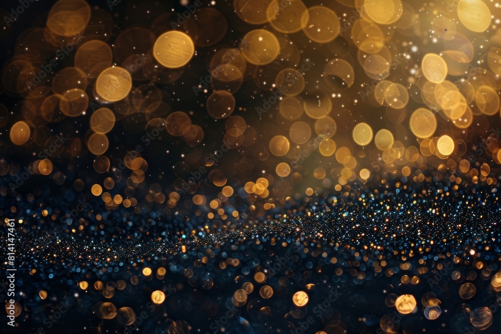 Aufkleber closeup of a dark abstract background sprinkled with shimmering gold glitter and bokeh patterns