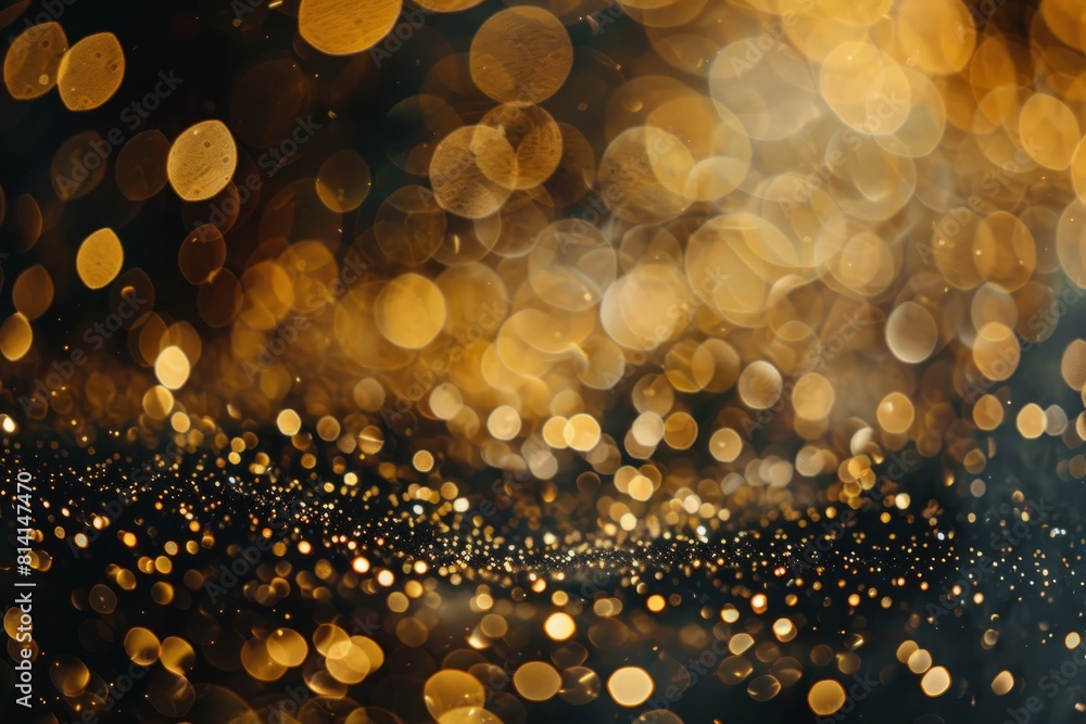Poster detailed closeup of a dark abstract background with shimmering gold bokeh lights and glitter element