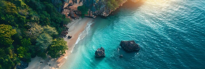 Aerial drone view at the limestone cliffs of Railay Beach Krabi Thailand during sunset realistic...