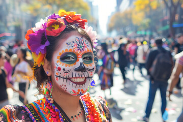 Cheerful Mexicans with traditional clavera makeup have fun in the streets during the Day of the Dead holiday. dia de los muertos
