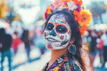 Cheerful Mexicans with traditional clavera makeup have fun in the streets during the Day of the Dead holiday. dia de los muertos