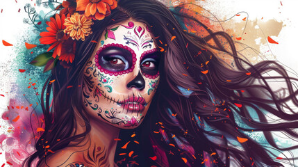 White background. illustration beautiful Mexican girl with traditional clavera makeup. dia de los muertos