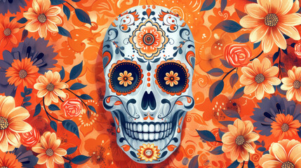 illustration skull with flowers on black background. Dia de los Muertos en Mexico. orange background