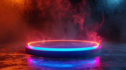 The image is a dark and mysterious platform with a glowing blue circle in the center