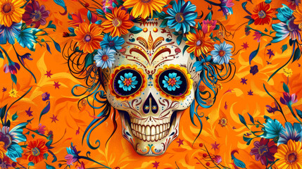 illustration skull with flowers on black background. Dia de los Muertos en Mexico. orange background