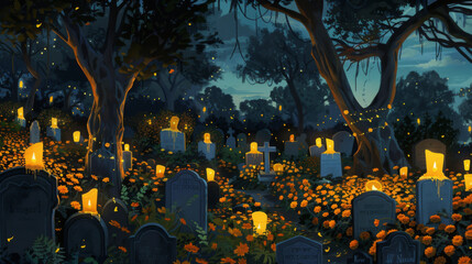 Cemetery Night: A beautiful scene of a cemetery at night, illuminated by candles, with gravestones decorated with marigolds and papel picados fluttering in the wind