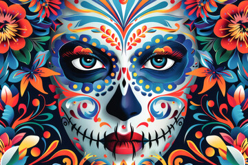 illustration beautiful Mexican girl with traditional clavera makeup. dia de los muertos