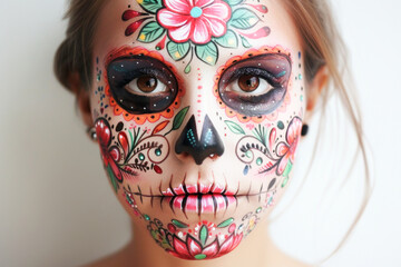 beautiful Mexican girl with traditional clavera makeup. dia de los muertos. White background.