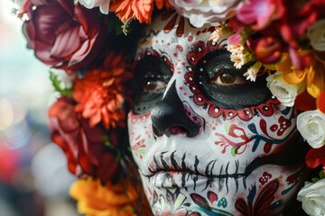 beautiful Mexican girl with traditional clavera makeup. dia de los muertos. White background.