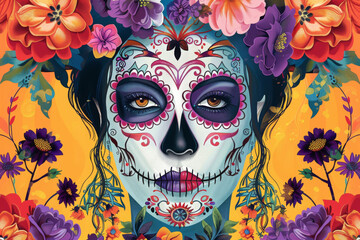 illustration beautiful Mexican girl with traditional clavera makeup. dia de los muertos. orange background