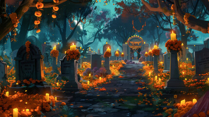 Cemetery Night: A beautiful scene of a cemetery at night, illuminated by candles, with gravestones decorated with marigolds and papel picados fluttering in the wind