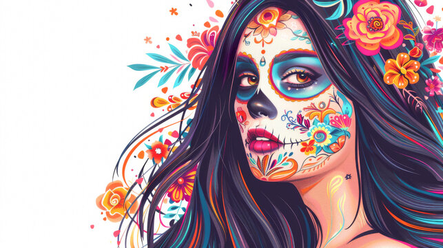 illustration beautiful Mexican girl with traditional clavera makeup. dia de los muertos. White background