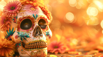 skull with flowers on gold background. Dia de los Muertos en Mexico