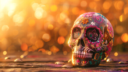 skull with flowers on gold background. Dia de los Muertos en Mexico