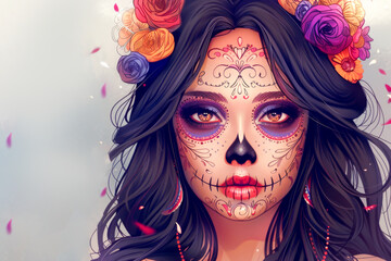 illustration beautiful Mexican girl with traditional clavera makeup. dia de los muertos. background