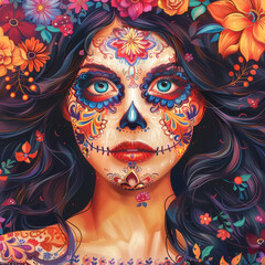 illustration beautiful Mexican girl with traditional clavera makeup. dia de los muertos