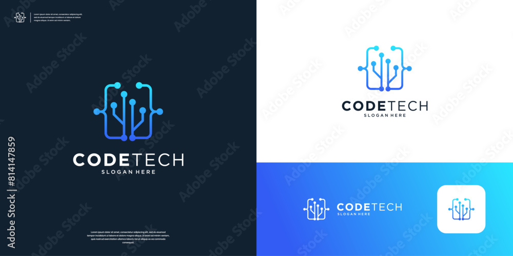 Wall mural circuit connection code tech logo design vector.