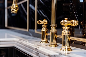 Close-up of luxurious gold faucets mounted on a sleek marble countertop in a chic kitchen setting with reflections