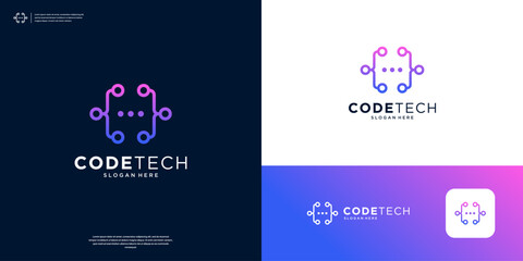 Minimalist coding data tech connection logo design.
