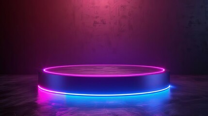 The image is a dark, futuristic stage with a glowing blue and pink neon light.