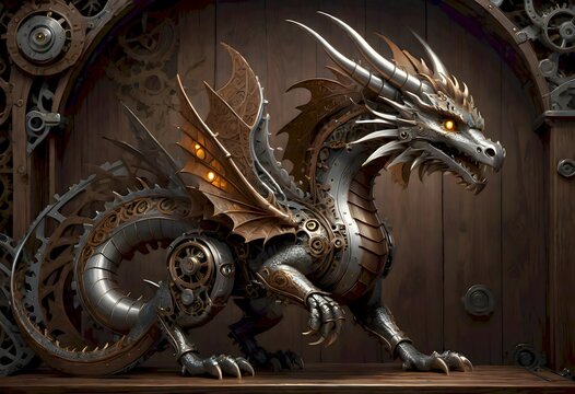 Intricately designed mechanical dragon in a coiled position with its wings spread out, resembling a bronze steampunk machine with gears and cogs. Generative AI.