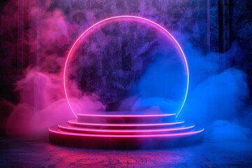 The image is a dark, mysterious, and futuristic. It features a glowing pink and blue neon circle and a stage with smoke.