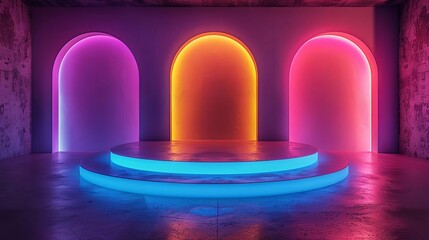 The image is a dark room with three glowing arches in the background