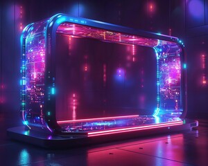 The image is a glowing blue and pink neon frame with a dark background