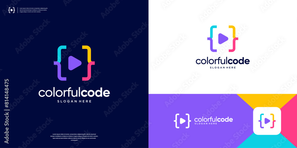 Poster colorful coding logo with play symbol logo design.