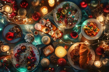 A festive Christmas table filled with an array of delicious food, colorful decorations, and twinkling lights to create a joyful and inviting holiday atmosphere