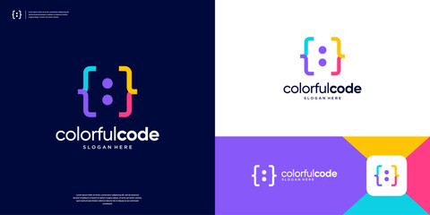Colorful coding logo with time symbol logo design.
