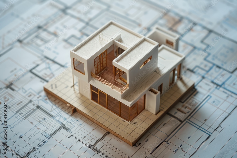 Poster a top-down view of a small house model placed on architectural blueprints