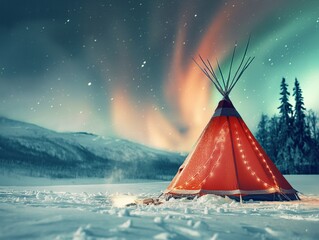 A red teepee is set up in the snow, with a beautiful aurora borealis in the background