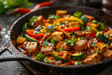 Sizzling skillet of stir-fried vegetables and tofu