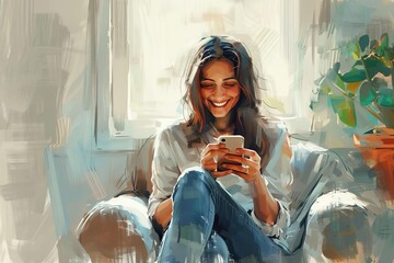 smiling woman sitting on chair holding smartphone in hands casual lifestyle portrait digital painting - Powered by Adobe