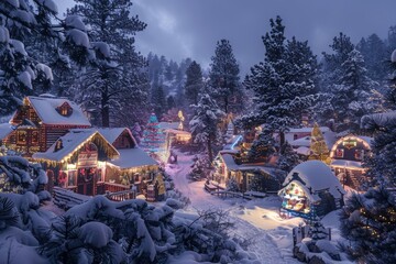 A Christmas village glows with colorful lights nestled among snow-covered pine trees in a winter wonderland setting