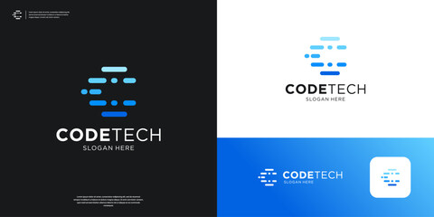 Letter C tech logo icon app. Futuristic code programer logo design.