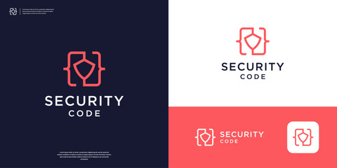 Shield security logo icon for programing code logo design.