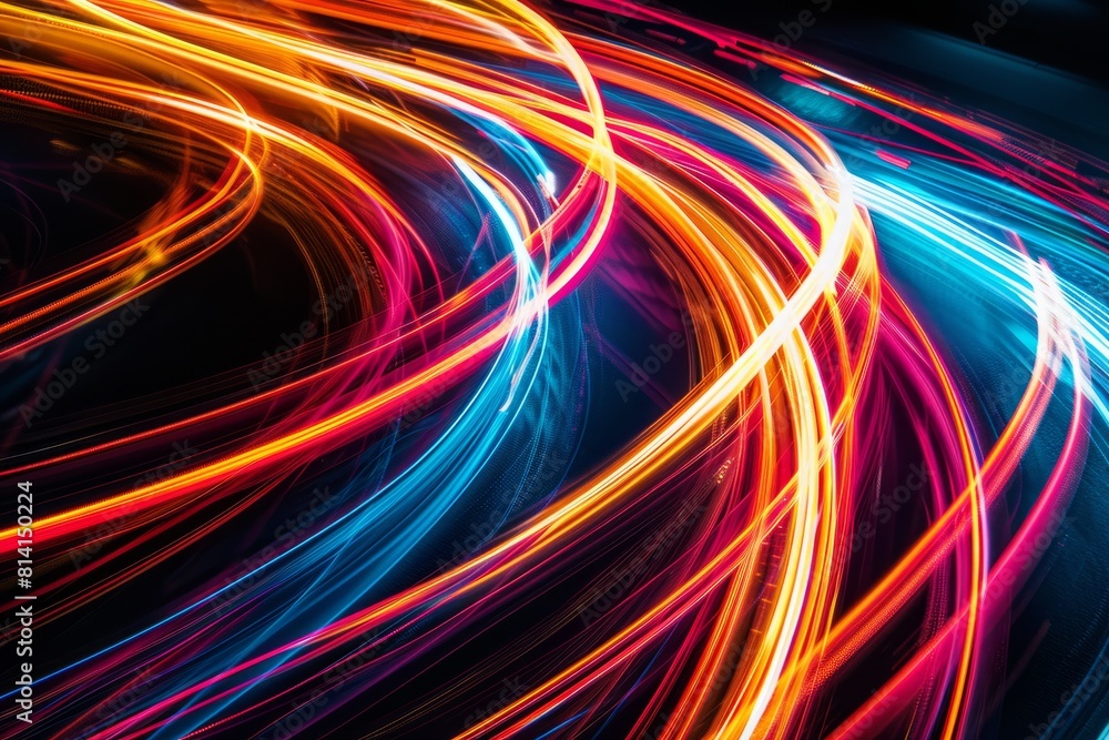 Poster dynamic neon light streaks create colorful trails in a dark background, captured in an angled close-