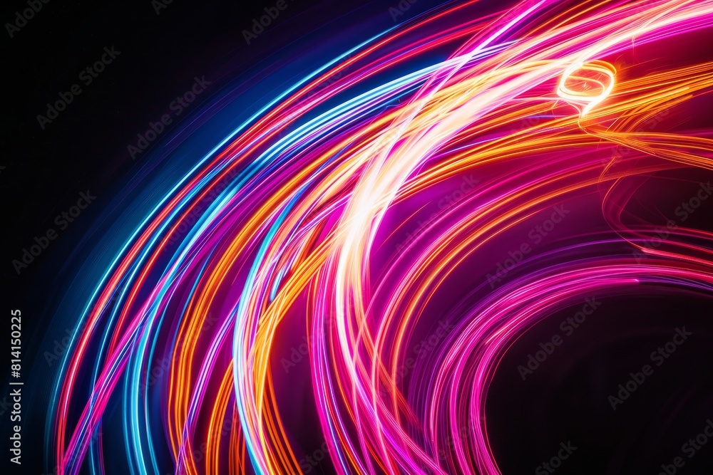 Poster closeup angled view of colorful light trails moving dynamically against a deep black backdrop