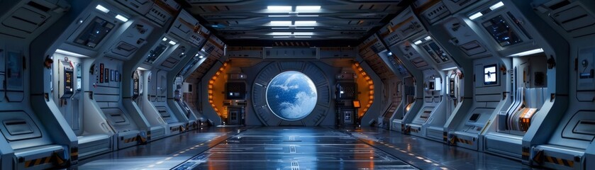 The image shows a futuristic spaceship interior with a large window looking out into space.