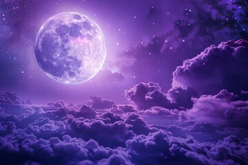 A purple moon casting an eerie glow with clouds in the background in a mystical sky