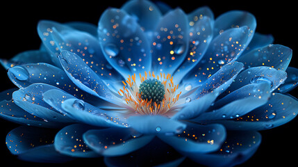 Digital illustration of a blue lotus flower with dew drops. High-resolution digital art. Nature and meditation concept. Design for poster, wallpaper