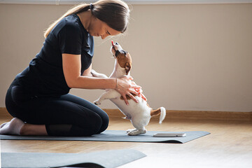 girls doing yoga with pedigree Jack Russell Terrier puppies. Healthy lifestyle