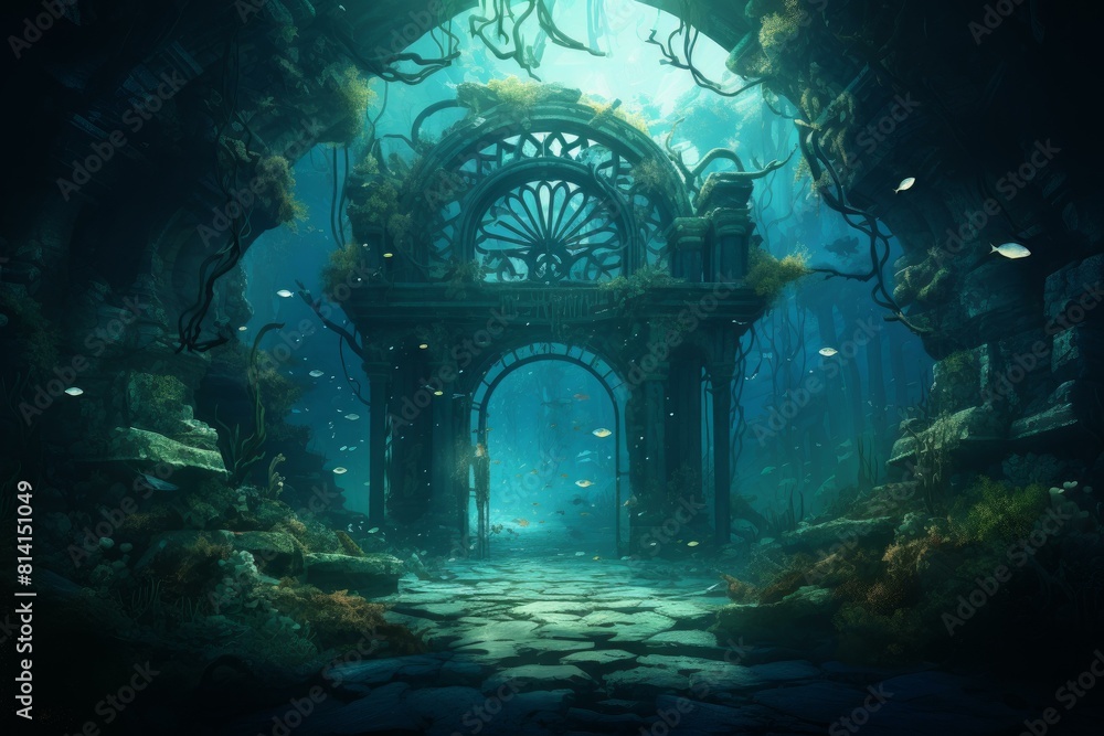 Poster enchanting submerged architecture with fish amidst ancient pillars and an arched gateway